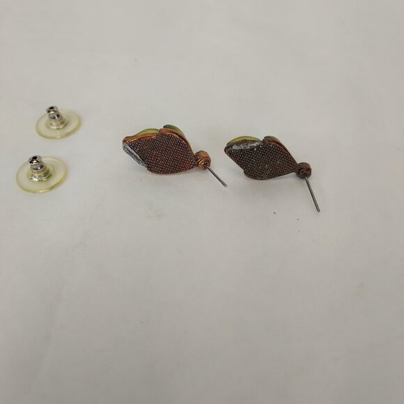 Vintage Copper Lucite Leaves Set Choker Necklace Post Earrings Green Rhinestone - Picture 6 of 16